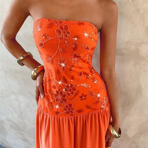 Janelle Orange Elegant Women's Sexy Sequins Embroidery Stitching maxi dress - Picture 2 of 7